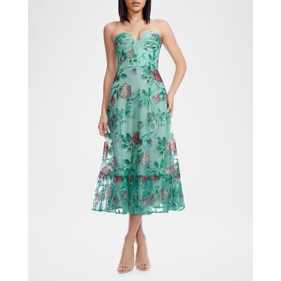 Dress The Population Carina Strapless Sweetheart Sequin Midi Dress Sz Large - Picture 1 of 14